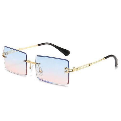 Luxury Statement Unisex Square Cut Diamond Rimless Blue Pink Gradient Lens Sunglasses For Men & Women