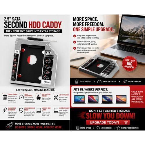 2.5 SATA Second HDD Caddy for Laptop DVD Drive SSD & HDD Optical Bay Adapter Upgrade Storage & Boost Laptop Performance Easy Plug & Play Installation