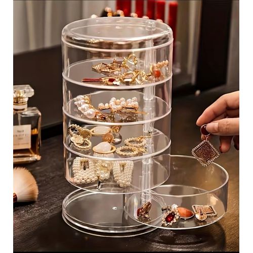 1pc Bohemian Style Large Capacity 5-Layer Rotating Dustproof Jewelry Storage Box - Transparent Durable Design, Secure Snap Closure & Oval Compartments, Suitable for Necklaces, Earrings, Rings, Bracelets