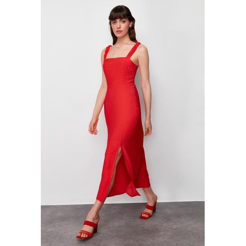 Red Straight Cut Back Tie Detailed Midi Woven Dress