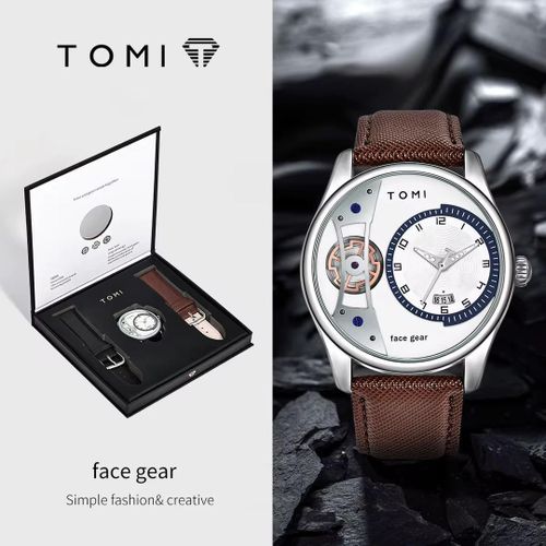 Men's Fashion Watch Set Leather Band Alloy Case Glass Dial Window 20mm Band Width Pointer Designer Wristwatch Gift Box Included