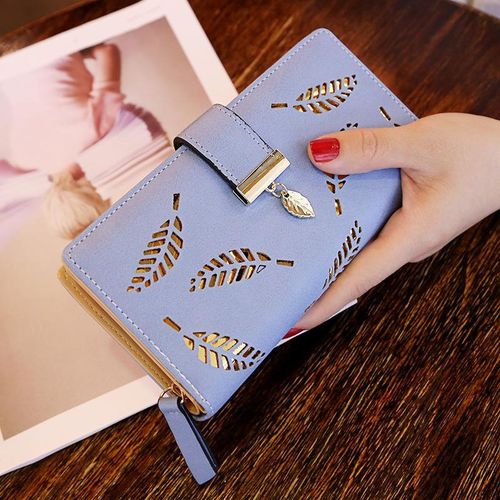 Women's Wallet Long Blue Handbag Hollow Leaf Zipper Buckle Wallet Women's Bag