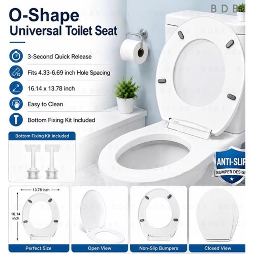Universal O-Shape Toilet Seat Cover, Toilet lid, Standard Round Toilet Lid with Adjustable Mount Hole Spacing, Anti-Slip Bumpers Design, Bottom Fixing Hardware Included, Easy Clean White Bathroom Replacement Toilet Seat for Household & Hotel Restroom