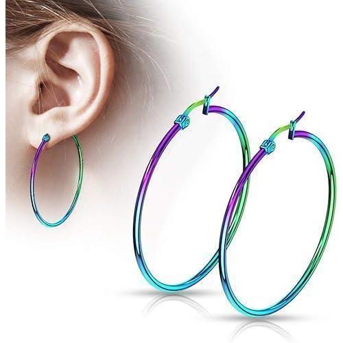 New Gold Lady Women Thin Round Big Dangle Hoop Loop Earring - rainbow