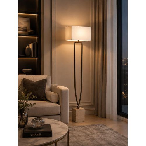 Modern Sculptural Bronze & Travertine Floor Lamp (with Rectangular Fabric Shade) with free bulb