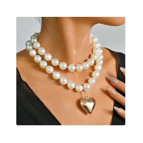 Chunky Gold Heart Layered Pearl Beads Necklace For Women