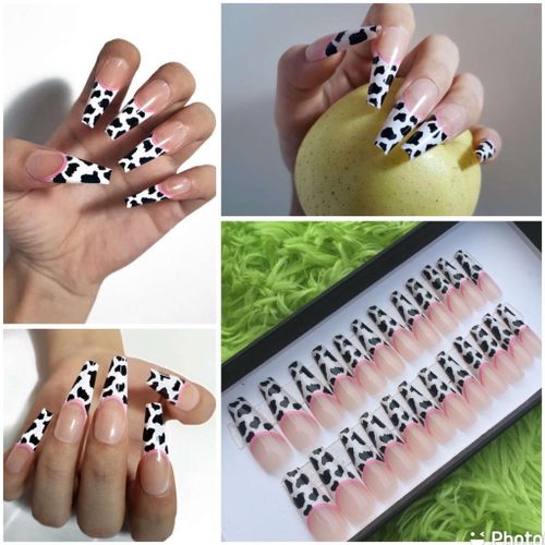 24pcs/Box Cow Prints Long Coffin Press On Nails