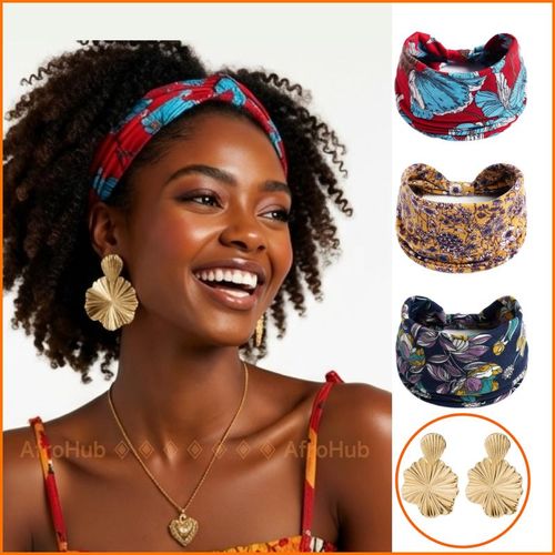 4-in-1 Value Set: 3 Pcs Elastic Headbands & Gold Hoop Earrings - Breathable Turban Wig Band