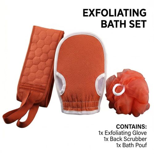 3-Piece Bath Scrubbing Set - Exfoliating Back Scrubber, Mitt & Sponge Kit-Rose Pink