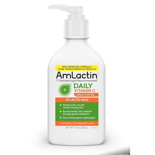 AmLactin Daily Vitamin C Lotion is a 7% lactic acid exfoliating and hydrating body lotion available in a 225g (7.9 oz)