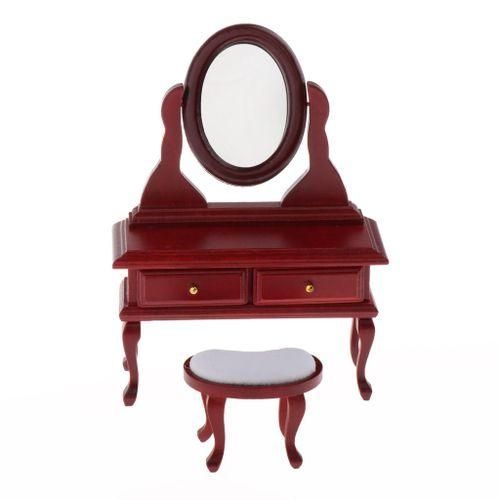112 Dollhouse Vintage Wooden Dressing Table With Mirror Stool