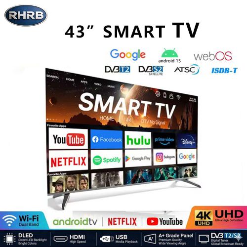 43'' Inches Smart Digital Satellite Frameless HD LED TV , Andriod 14 OS Tuner/HDMI/AV/USB/Headphones/Coaxial Louder speaker/Super bright/Overvoltage protection/Music TV/ Smart TV