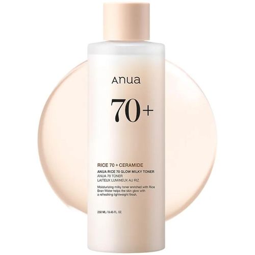 ANUA Rice 70 Glow Milky Toner, for Glass Skin, Rice Water, Niacinamide, Ceramides, Panthenol, Fragrance-Free, Non comedogenic, Fungal Acne Safe, Korean Skin Care, 250ml - 1 Pack