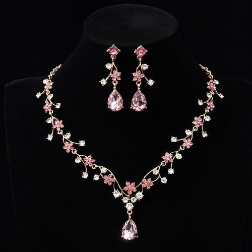 Gold and Pink Floral Crystal Necklace and Drop Earrings Set