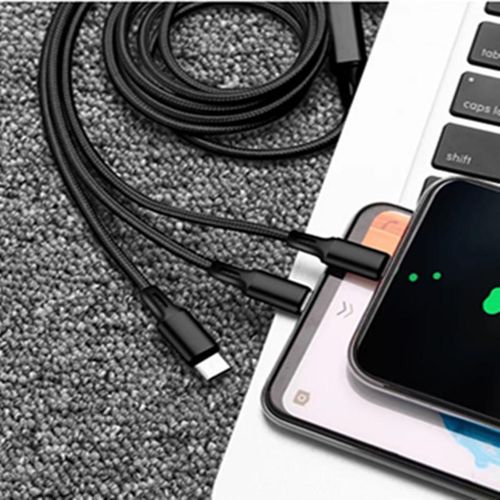 3-in-1 Fast Charging Cable, USB Data Charger Cord for iPhone, Type-C & Micro USB – Braided Nylon, 1.2M