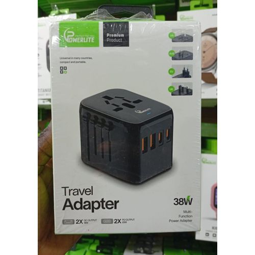 Powerlite 38W Universal All-in-One Travel Adapter – Dual 20W PD Type-C & Dual 18W QC USB Ports for US/UK/EU/AUS