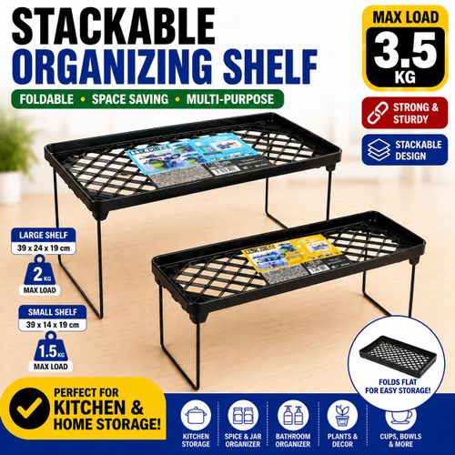 2-Piece Stackable Kitchen Organizer Shelf Set – Foldable Storage Rack (Large + Small)