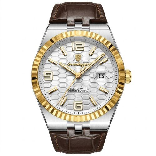 Men's Two-Tone Sport-Luxury Watch with Silver Honeycomb Dial and Brown Leather Strap