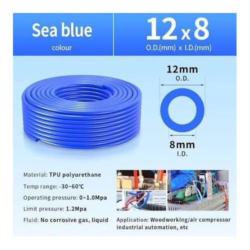 Pneumatic Polyurethane (PU) Air Tubing 5 meter/16.4ft 12mm OD x 8mm ID - Flexible, High-Pressure PU Hose for Air Compressor, Fluid Transfer, and Industrial Automation