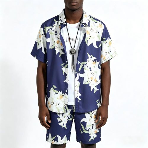 Men's 2 Piece Flower Button Down Shirts and Shorts-Blue