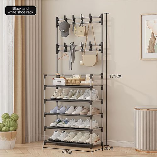 5 Tier Multifunction Shoe Rack Coat Stand, Entryway Storage Organizer With Double Hooks, Waterproof Shelves, Heavy Duty Steel Frame, 60cm