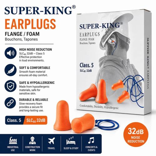 Super-King Earplugs High Noise Reduction (32dB) Class 5 Safety Ear Protection