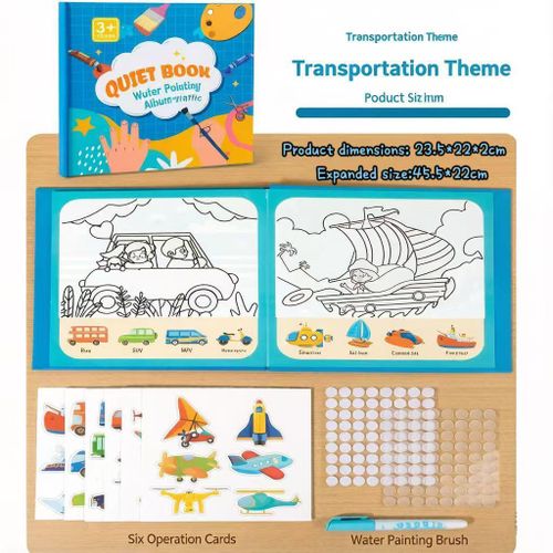 Kids Water Drawing & Sticker Quiet Book Transportation Theme 3+ Reusable Magic Painting Book with Stickers 2 in 1 Activity Book for Toddler Early Learning