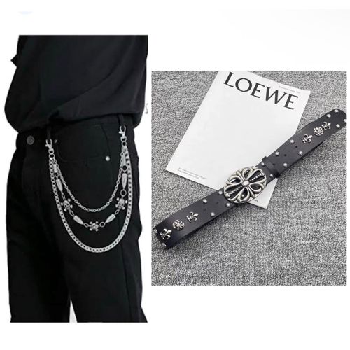 1 PCS Gothic punk black belt leather belt unisex STUDDED Y2K Belt with jeans chains