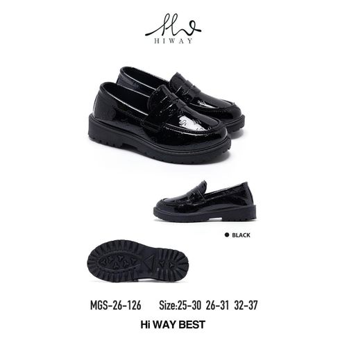 Unisex Hi Way Kids Glossy Patent Leather Loafers - Black Embossed Formal Corporate and School Shoes (Sizes 25-37)