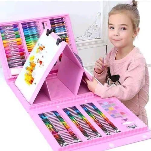 208 Pcs Kids Art Set - Portable Drawing & Painting Craft Kit with Double-Sided Trifold Easel For Children Gift-Pink