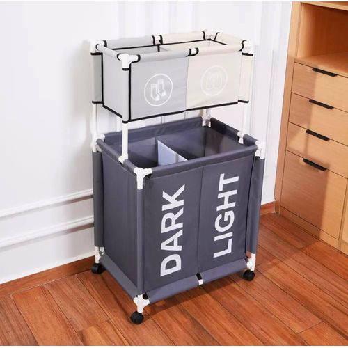 3-Tier Double Laundry Basket with Wheels Foldable Dirty Clothes Hamper Large Capacity Laundry Sorter Clothes Storage Organizer
