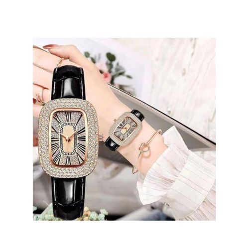 Elegant And Classy Women's Rhinestone Studded Affordable Wristwatch For Women - Black Leather Strap