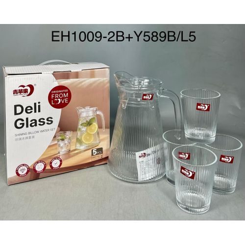 5-Piece Ribbed Glass Water set 1 jug, 4cups