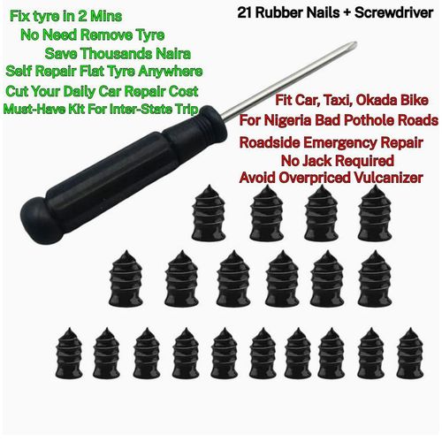 21Pcs Black Tyre Repair Rubber Nail Kit, Small & Large Size with Screwdriver for Tubeless Tyre Repair