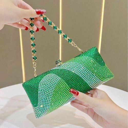 Elegant Green Crystal Evening Clutch Bag – Luxury Rhinestone Party Handbag with Metal Chain Strap, Stylish Women’s Dinner Purse for Wedding, Party, Bridal Events, Prom and Special Occasions
