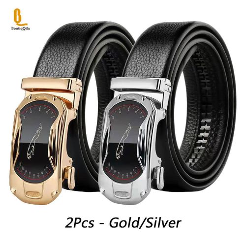 2-piece men's belt, automatic buckle belt, luxury belt, business and leisure high-quality designer men's belt, gold+silver