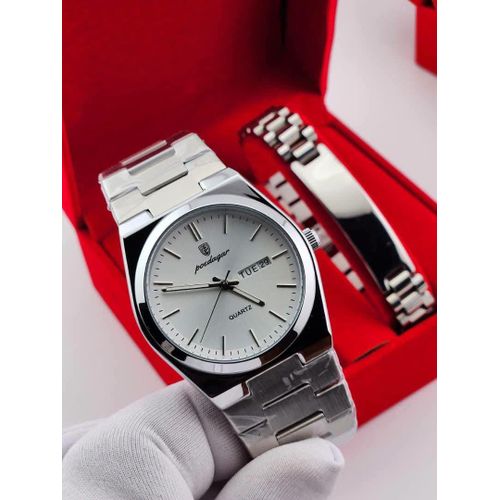 Super Exclusive & Highly Premium Men's Silver Chain Wristwatch + Hand Chain
