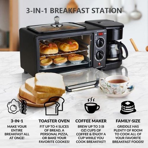 Breakfast Maker 3 In 1 Breakfast Station Coffee Maker Non-Stick Griddle Oven