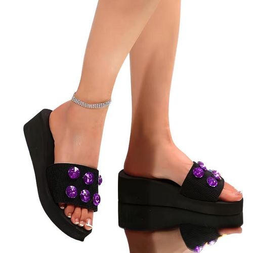 Women’s Black Platform Slippers with Purple Rhinestone Embellishments