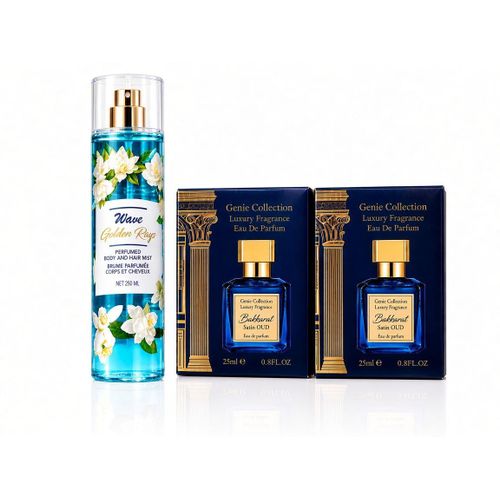 Genie Collection Luxury Unisex Fragrance Gift Set – Bakkarat Satin OUD Eau De Parfum 2 × 25ml + Wave Golden Rays Body & Hair Mist 250ml NAFDAC A2-6495 & A2-105150