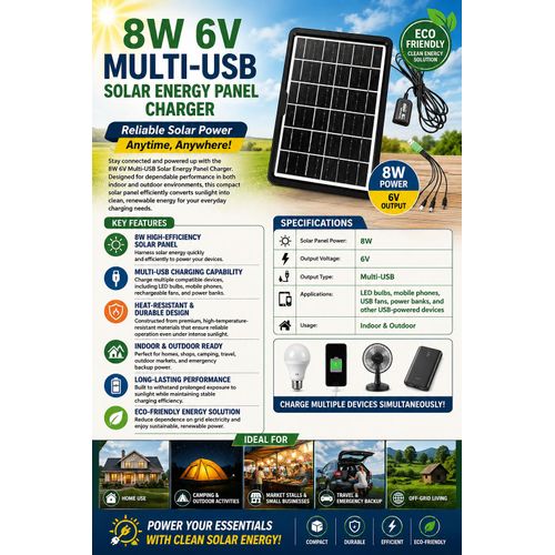 8W 6V Portable Solar Panel Fast Charger – Multi-USB Outdoor Power Solutions For Home & Office