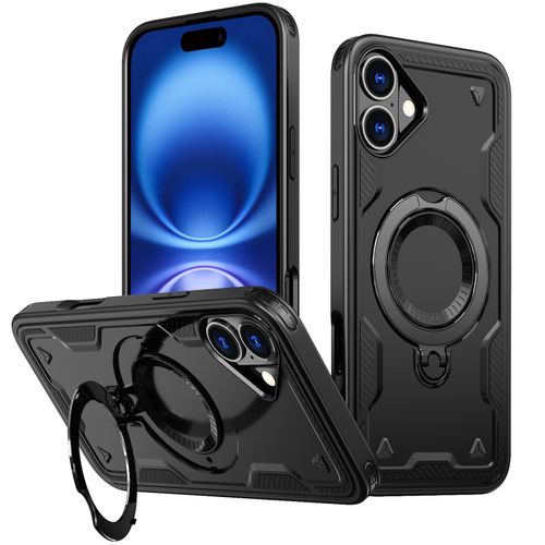 Magnetic Case For IPhone 16 Dual Layer Soft Hard Phone Case Cover With Metal Stand Ring Holder