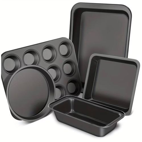 5pcs Non-Stick Baking Pan Set Includes Round/Square Cake Pans, Bread Pan, Cookie Sheet, and 12-Cup Muffin Pan, Steel Kitchenware for Oven Baking