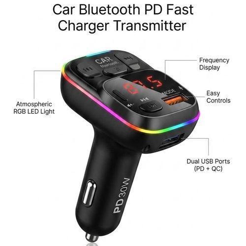 Bluetooth FM Transmitter for Car, 20W PD Type-C Fast Car Charger Adapter with RGB Ambient Backlight, Wireless Radio Car Kit with Hands-Free Calling & Dual USB Ports