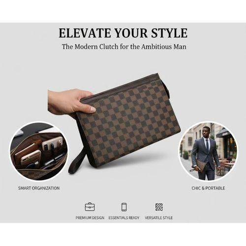 Exclusive Men Handbag, Men’s CLASSY pouch, Luxury men’s clutch, stylish handbag for men Elegant Brown Checkered Clutch – Travel & Everyday Use