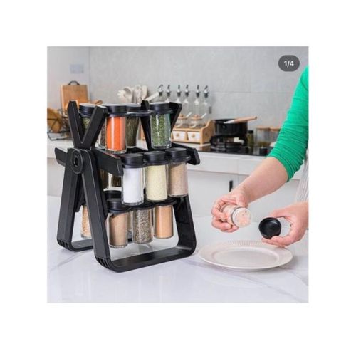 black, 360-degree rotating Ferris wheel spice rack organizer that comes with 18 glass spice jars.