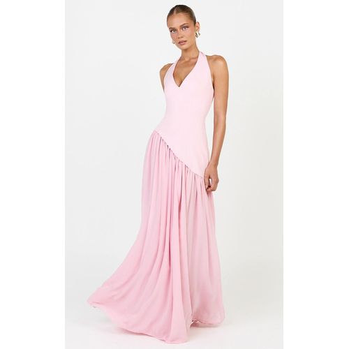 Light Pink Sexy Halter Neck Maxi Gown Flowy Chiffon Wedding Guest Dress