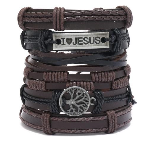 Natural Vintage style 6 Stacked Genuine Leather, Rope & Wood Bead Bracelets-I LoveJesus