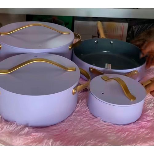 4-Piece Ceramic Non-Stick Cookware Set with Gold Handles in Lavender Purple with Free Gift