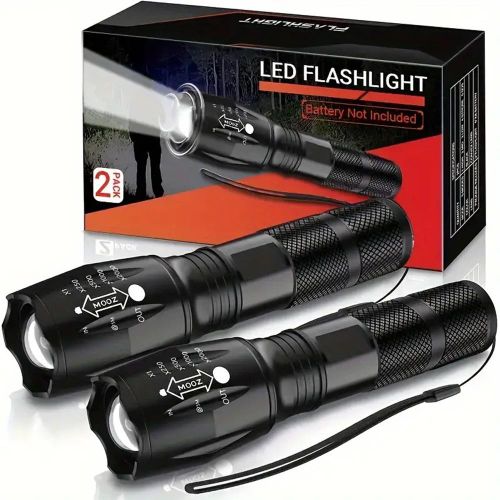 Zoomable LED Flashlights with 5 Modes, 2Pcs Flashlights, Included Bright Torch High Lumens Outdoor Fishing Hiking Camping Essentials